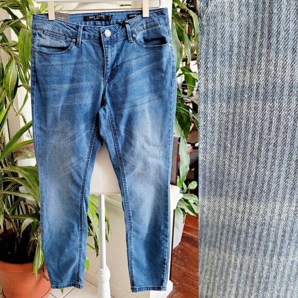 MAX JEANS Sz 4 Mid Rise Skinny Striped Tapered Leg 5 Pocket Style Med Wash New - Picture 1 of 9